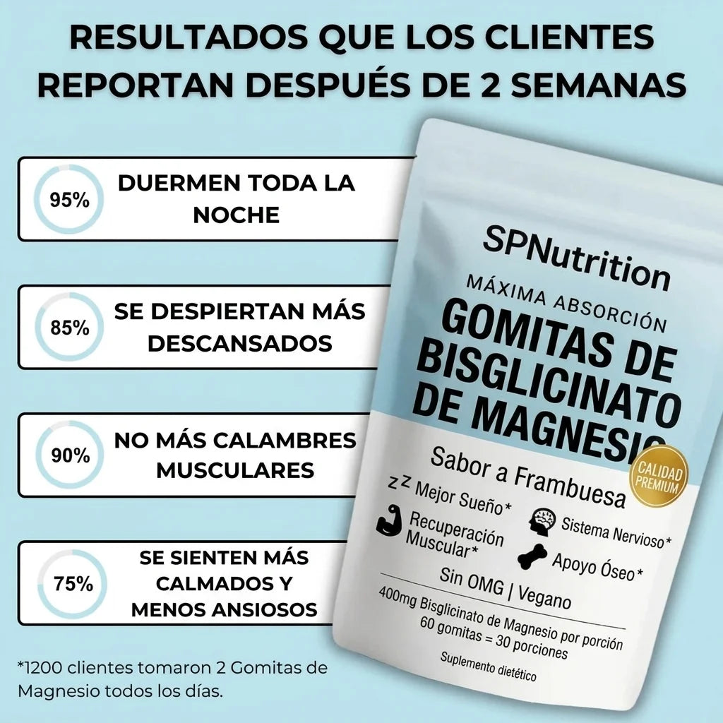 SP Nutrition magnesium supplement packaging with customer results on a light blue background